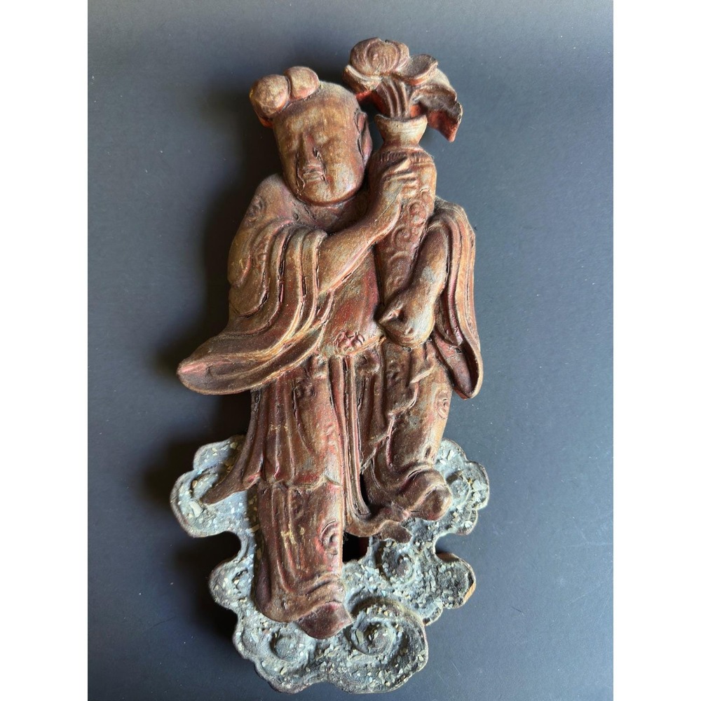 Antique Chinese Carved Wood Wall Panel Immortal Vase Gilt Polychrome 11" Salvage